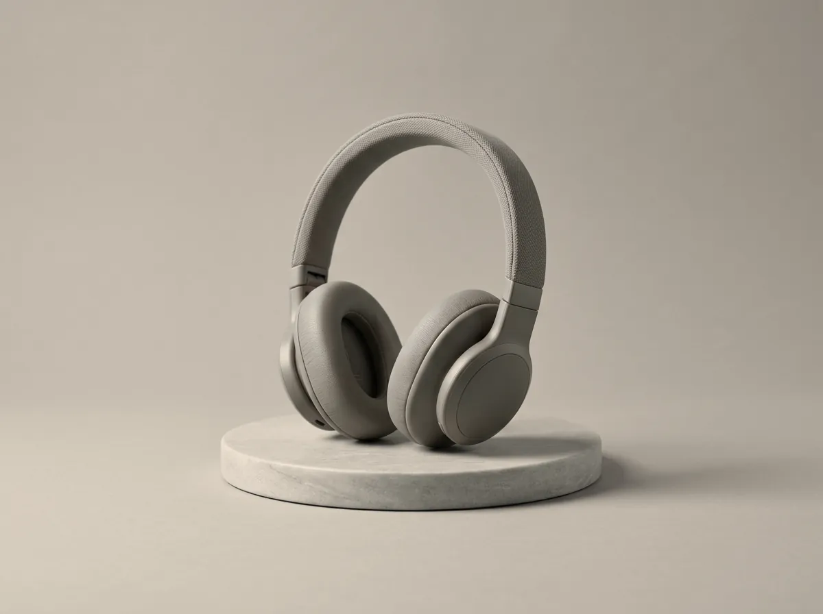 Casque audio sans marque, finition gris chaud, posé sur un socle en pierre.