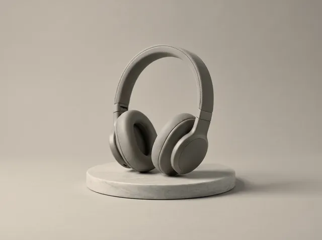 Casque audio sans marque, finition gris chaud, posé sur un socle en pierre.