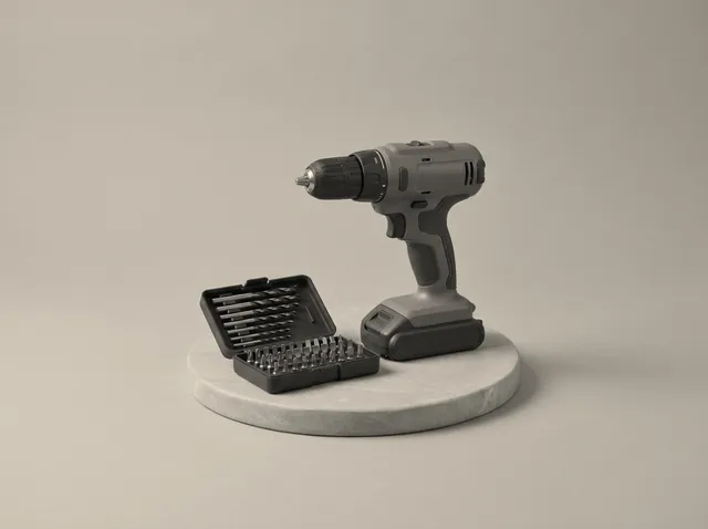 Perceuse sans fil grise et coffret d’embouts, sans marque, sur un socle en pierre.