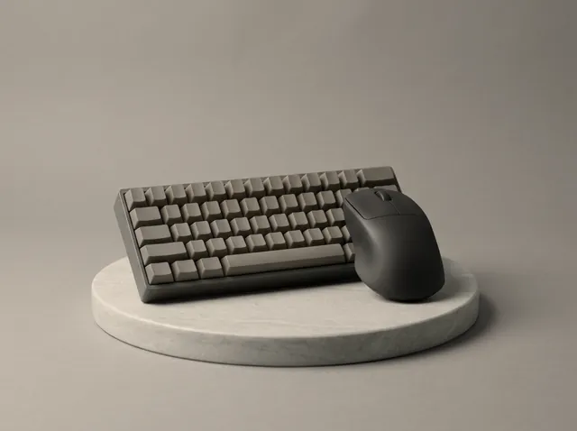 Clavier mécanique à touches vierges et souris noire, sans marque, posés sur un socle en pierre.