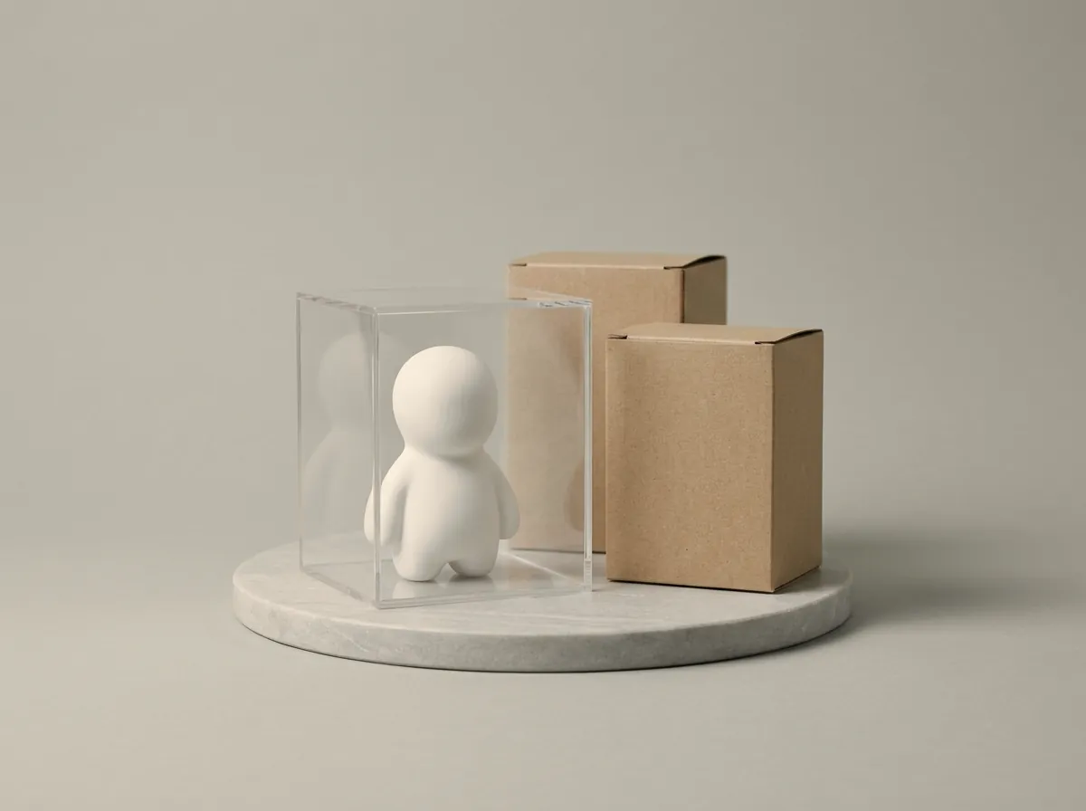 Petite figurine blanche abstraite dans une boîte en plexiglas, à côté de deux boîtes en carton brut.