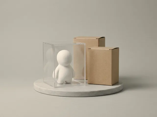 Petite figurine blanche abstraite dans une boîte en plexiglas, à côté de deux boîtes en carton brut.