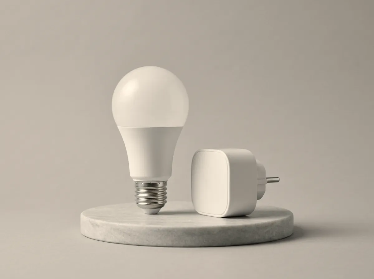 White smart bulb and smart plug, unbranded, on a stone plinth.