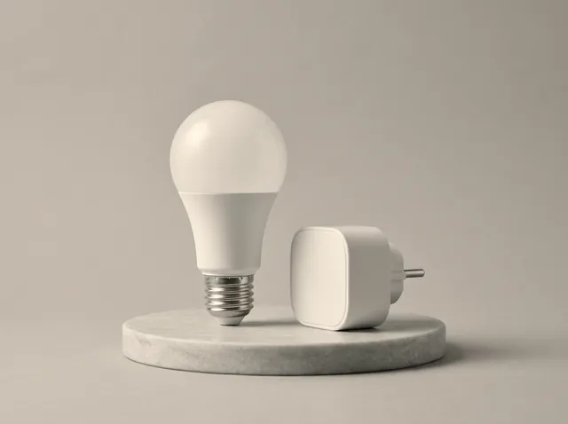 Ampoule connectée et prise connectée blanches, sans marque, sur un socle en pierre.