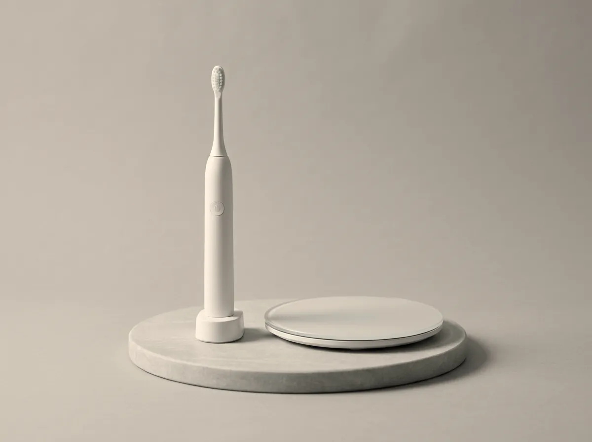 White electric toothbrush and glass bathroom scale, unbranded, on a stone plinth.