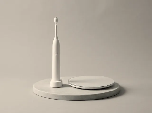 Brosse à dents électrique blanche et pèse-personne en verre, sans marque, sur un socle en pierre.