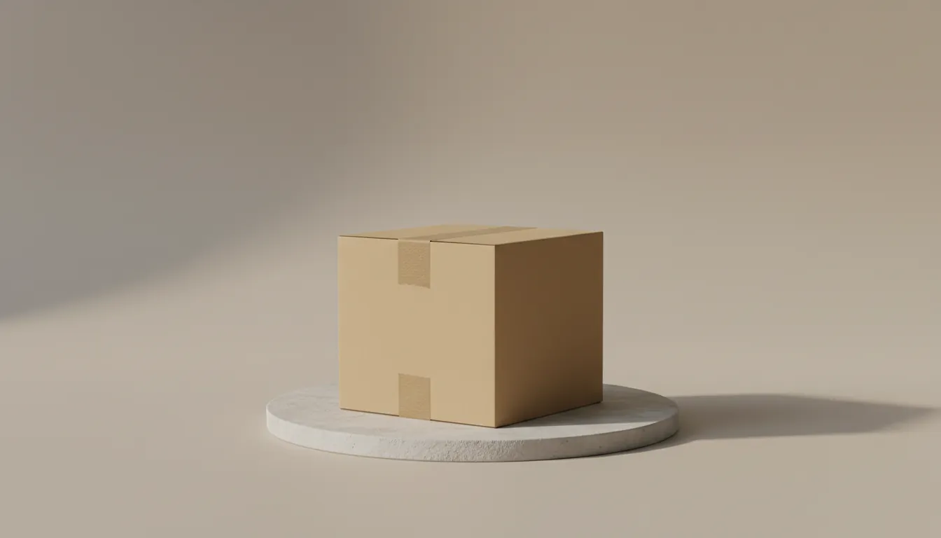 Colis en carton brut fermé, posé sur un socle en pierre.