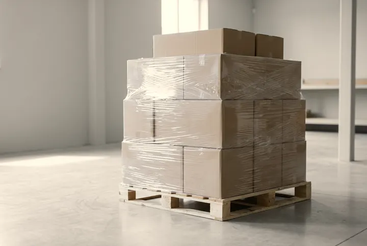 Cartons neutres filmés sur une palette, dans un local de stockage clair.